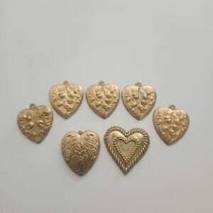 Vintage Brass Open Back Heart Charm Lot Floral Stamped Pendant Jewelry Supply